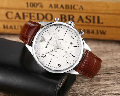 Armani นาฬิกาข้อมือผู้ชาย,นาฬิกาควอตซ์ลำลองธุรกิจสายหนังสีน้ำตาลคุณภาพสูง