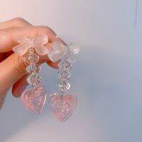 【YF】 Japanese Transparent Cute Bow Crystal Chain Clip on Earrings Acrylic Pink Lovely Heart Pendant Without Piercing