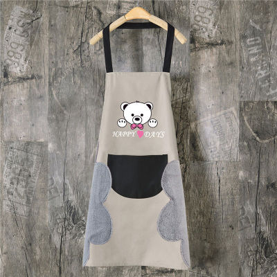 Household Kitchen Apron Female Wipeable Waterproof Oil-Proof Bib with Pocket Bear Pattern Home Cleaning Tools Baking Accessories