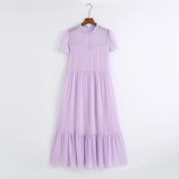 ZZOOI New 2020 women fashion agaric lace o neck dots flocked casual chiffon dress female hem pleat ruffles vestido chic dresses DS3842