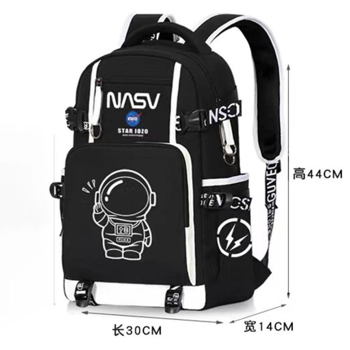 กระเป๋าเป้สะพายหลังสำหรับเด็กกันน้ำความจุขนาดใหญ่มีช่องเสียบ-usb-พิมพ์ลายอวกาศเรืองแสงกลางคืนกระเป๋านักเรียน