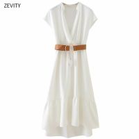 ZZOOI Zevity New women v neck solid short sleeve vestido elastic waist sashes midi dress chic female hem ruffles casual dresses DS3964