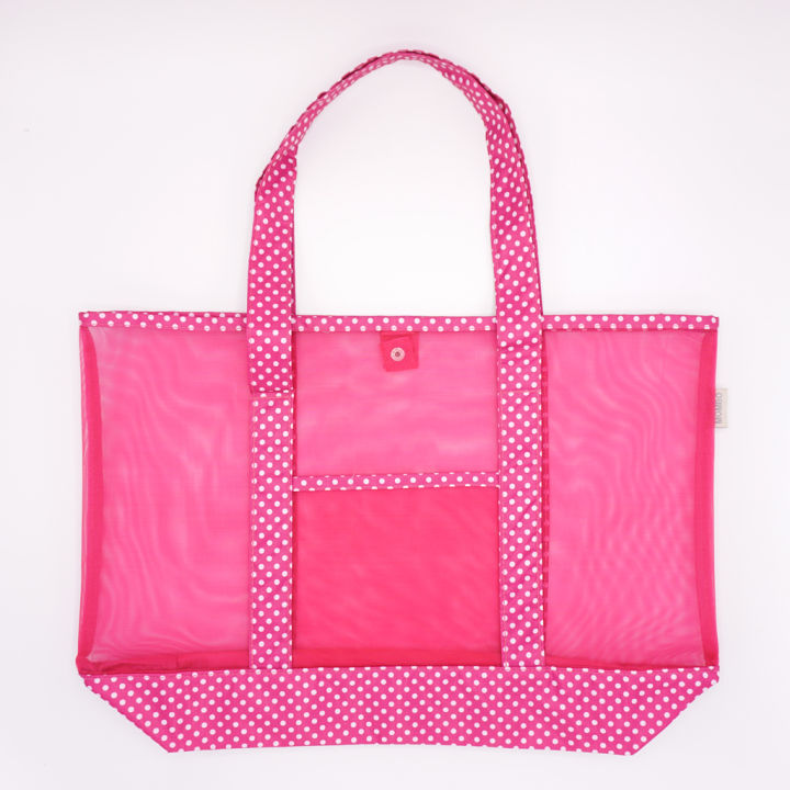 mombo-กระเป๋าผ้าสะพายข้างใบใหญ่-ลายจุด-ผ้าตาข่าย-โปรงใส-พร้อมส่ง-ผลิตโรงงานไทย-สีชมพู