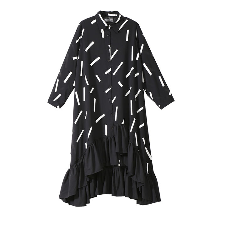 2021Long Sleeve Casual Style Woman Plus Size Autumn Long Black Shirt Dress Striped Print Ruffled Loose Party Dresses Robe Femme 3907