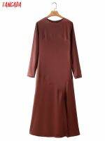 Tangada 2022 New Arrival Women Simple Satin Dress New Arrival Long Sleeve Ladies Midi Dress 4T38