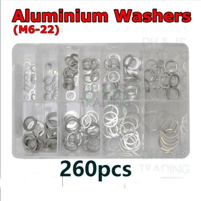 260pcs M6-M22 Aluminum Flat Washer Box Washer Plain Washer Kit Screw Fastener Hardware Assortment Accessories Nails  Screws Fasteners