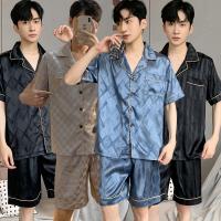 New L-5XL Summer Elegant Men Pajamas Set Soft Silk Homwear Set Short Pant Sleepwear Night Suits Pijamas Plus Size Silk Boys PJ