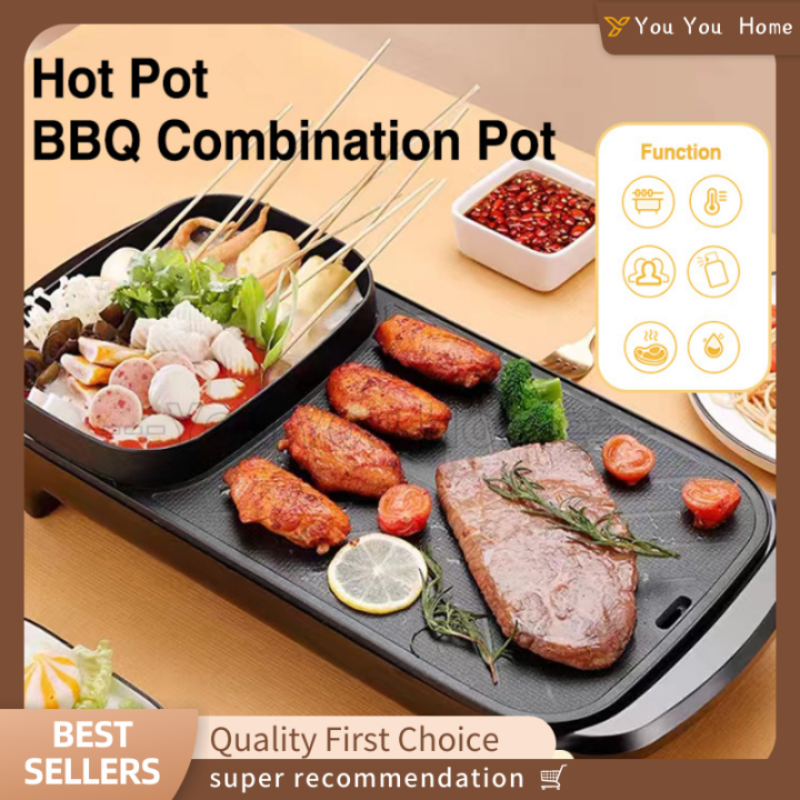 Multifunctional Electric Baking Pan 2 in 1 BBQ Grill & Steamboat Hot