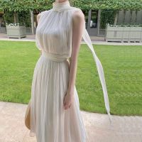 ┋●❧ Summer Elegant Women 39;s Two Pieces Set Dress Gentle High Collar Sleeveless Solid Chiffion Midi Dress Fashion Sexy Korea Sundress