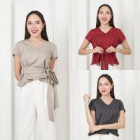 Miss Office (Hot Sale) เสื้อคอวี แต่งโบว์ผูกด้านหน้า ผ้าริ้ว (MT-173)