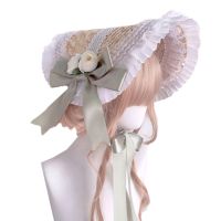 Women Lolita Flower Straw Hat with Chin Strap Ruffle Lace Sun Hats Tea Party Headwear Vintage Victorian Ribbon Sun Hat