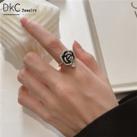 DKC แหวนเปิดดอกคามิเลียสีดำสำหรับผู้หญิง,แหวนแฟชั่นย้อนยุคหรูหราดอกไม้ปรับได้สำหรับผู้หญิงเครื่องประดับ