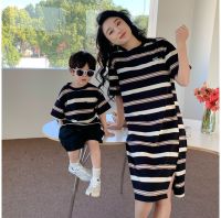 (KTL)Mother Son Daughter Matching Clothes Childrens Short Sleeve T Shirts Women Dress Mommy and Me Clothing Parent-child Outfit 2023