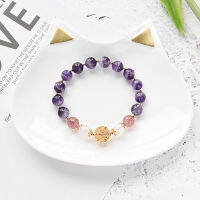 Ruifan Gold Hollowed-Out ลูกปัด Natrual Amethyst สตรอเบอร์รี่คริสตัลสีขาว Moonstone สร้อยข้อมือผู้หญิงหญิงเครื่องประดับ Fine YBR235