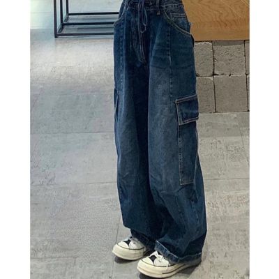 สีน้ำเงินเข้มกางเกงยีนคาโก้วินเทจผู้หญิง2022ฤดูใบไม้ผลิ Y2k Streetwear กางเกงยีนส์หลวมเอวสูงขากว้างกางเกงยีนคาโก้ผู้หญิง