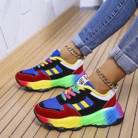 ۩ Lace up Running Shoes 2023 Autumn Plus Size Casual Fashion Women Vulcanize Shoes Mixed Color Platform Sneakers кроссовки женские