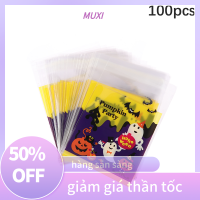 ?【HOT SALE】MUXI ถุงใส่ลูกกวาดฮาโลวีน100ชิ้นถุงใส่คุกกี้ของขวัญถุงใส่ขนมพลาสติกอุปกรณ์ตกแต่งงานปาร์ตี้ฮาโลวีน