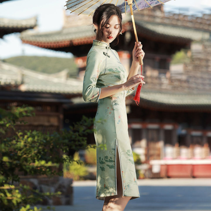 ปรับปรุงหนุ่ม-cheongsam-2021ผู้หญิงเก่าเซี่ยงไฮ้อารมณ์กลางความยาวหนังนิ่มระดับไฮเอนด์แขนยาว