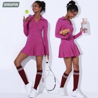 Womens Sports One Piece Tennis Dress Nude Fitness Long Sleeve High Neck Badminton Sports Skirt Tennis Dress Women