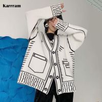 ﹊ Karrram Print Graffiti Cardigan Loose V-neck Sleeve Luxury Knitted Female Cardigans Coat Y2k 2021