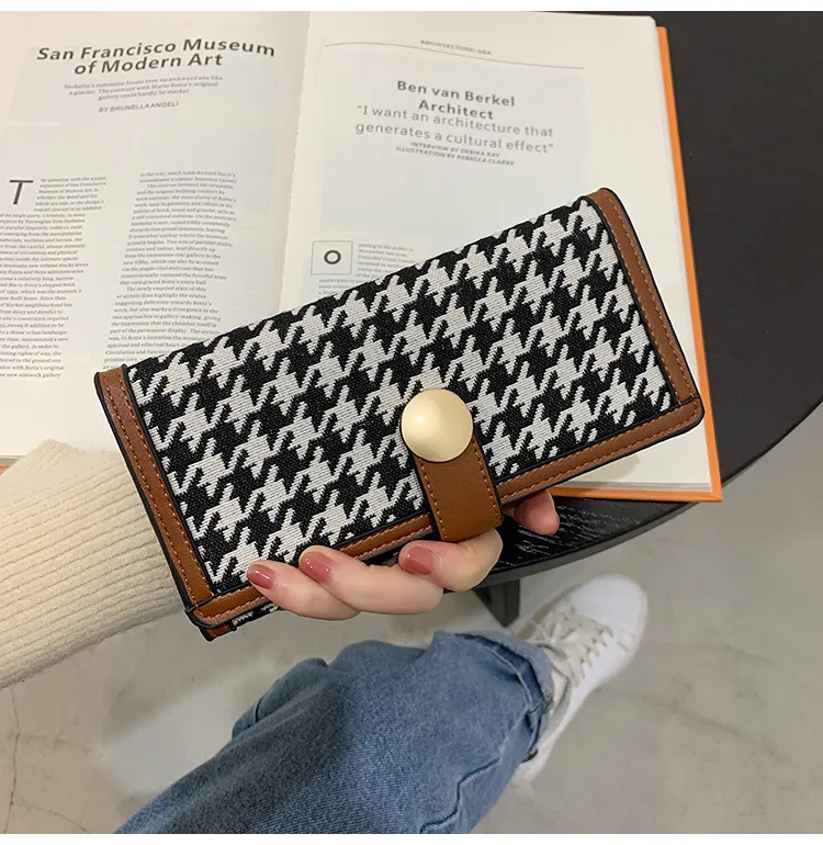 Women Wallet Short Buckle Contrasting Color Folding Houndstooth