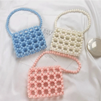 Handmade Beaded Bag Colorful Acrylic Beads Pink Blue Portable Imitation Pearl Clutches Retro Hollow One Shoulder Handbag Female