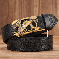 3.5cm Fashion Embossing Retro Male Belts for Men Business Cowhide Genuine Leather Belt Dragon Pattern Automatic Buckle Strap