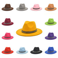 หนังโซ่ Fedora หมวกผสมสีแจ๊สหมวกเย็บปะติดปะต่อกันปานามาขนสัตว์รู้สึกหมวกผู้หญิงผู้ชายปีกกว้างพรรคคาวบอย Trilby นักพนัน