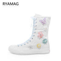 Ryamag 2022 New Womens Canvas Boots Short Embroidery Ribbon Flats Casual Classic Lace-Up Zipper Comfortable Vulcanize Sneakers