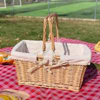 Woven Storage Baskets with Handle Rattan Picnic Basket with Cloth Rattan Storage Container Kitchen Fruit Egg Organizer