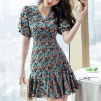 COD SDFGERTYTRRT Dress For Women Fashion Floral Print Dresses Slim Short Sleeve V-neck A-line Dresses Female Casual Simple Pleated Dress