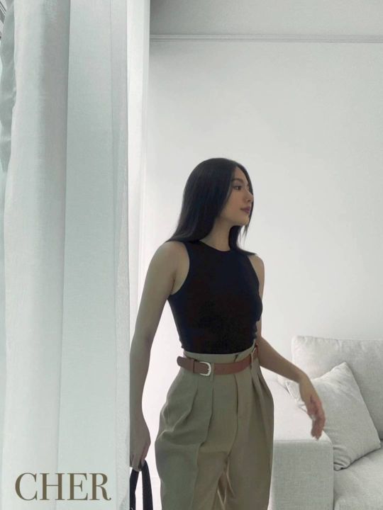กางเกงcher-กางเกงขายาวแบบใหม่แบบเอวสูงปรี๊ดมาพร้อมเข็มขัดเกาหลีสุดๆๆรุ่นนี้เอวสูงมากทรงสวย-เอวสับ-สะโพกสวย-ดูช่วงยาว-ใส่ทำงาน-เที่ยว