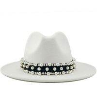 2020 Hot Men Women Wide Brim Wool Felt Fedora Panama Hat Pearl Belt Jazz Trilby Cap Party Formal Top Hat In White,Black