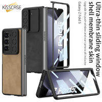 KISSCASE สำหรับ Samsung Galaxy Z Z Fold 5เคสโทรศัพท์หรูหราบางเลนส์เลื่อนฝาครอบป้องกันหน้าต่างกันกระแทก Fold5ปกหนังด้วยฟิล์มกระจกหน้า