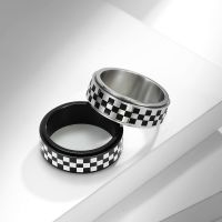 Jisensp Vintage Plaid Checkerboard Fashion Finger Ring Men Black and White Simple Stainless Steel Rotating Anxiety Fidget Rings