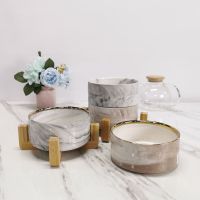New design italian white marble look 6 inch with bamboo stand gold rim luxury cat dog bowl food round bowl marble
