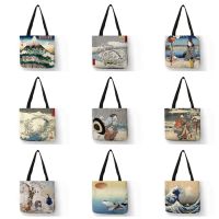 【Lanse store】Japanese Ukiyoe Wave Mount Fuji Artwork Tote Handbag Fashion Causal Shoulder Bag for Travel Ladies Large Reusable Shopping Bags