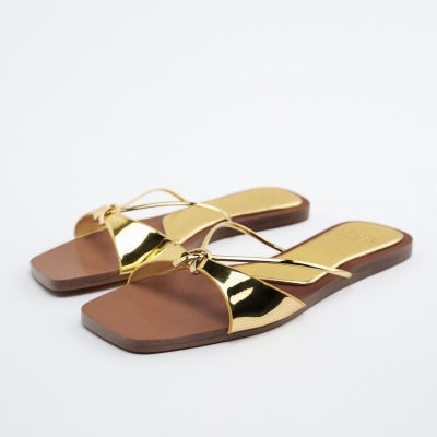Xi Ke 2022 Summer ZARAˉ New Spring and Summer Womens Shoes Gold Bowknot Versatile Slippers Outsoled Sandals WomenTH