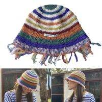 Topi Bucket ผ้าโครเชต์ถักมือเรโทรสีสันสดใสหมวกถักสีตัดกันสำหรับผู้หญิง