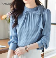 AMMIN 2023ชุดเดรสแขนยาวผูกโบว์คอกลม,เสื้อเชิ้ตรายริ้วเนื้อผ้าชีฟองน์แขนยาวสำหรับผู้หญิงอารมณ์แฟชั่นสไตล์เกาหลีเสื้อออฟฟิศลำลองอเนกประสงค์ทรงหลวม