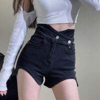 กางเกงขาสั้น Super high-waist denim shorts womens elastic slim hot pants ฤดูร้อนกางเกงกุ๊นโค้งอินเทรนด์