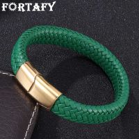 Men Women Jewelry Green Braided Leather Bracelet Golden Stainless Steel Magnetic Clasp Fashion Woven Wristband FR0235 Charms and Charm Bracelet