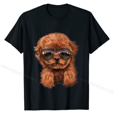 Red Apricot Poodle Puppy in Aviator Sunglass, Dog T-Shirt Casual Tops Tees for Men Fashionable Cotton Tshirts Slim Fit