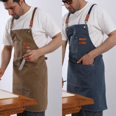 Kitchen Apron Solid Simple Unisex Canvas Work Apron Adjustable Black Bib Waiter Pub Salon Cafe with Tool Bag Restaurant Cape Aprons