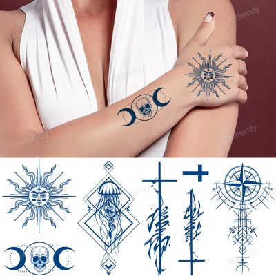 sun moon cross compass tattoo sticker juice ink long lasting tattoo arm sleeve hand body art temporary tattoos for women girls