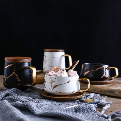 【High-end cups】แก้วกาแฟหินอ่อนฝังทองแก้วอาหารเช้าแก้วโฮมออฟฟิศ Drinkware ถ้วยนม Dropshipping
