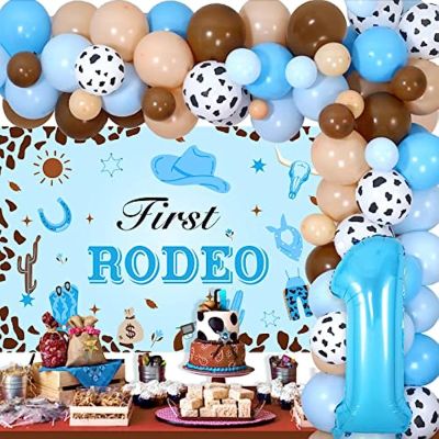 Jollyboom First Rodeo ของตกแต่งงานปาร์ตี้วันเกิดเด็กผู้ชายสีฟ้าของตกแต่งงานปาร์ตี้วันเกิด1st คาวบอยชุดโค้งบอลลูนโรดีโอคาวบอยตะวันตกฉากหลังหมายเลข1ลูกโป่งฟอยล์แรก
