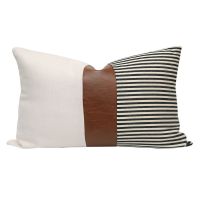 Farmhouse Stripe Patchwork Linen Throw Pillow Case Modern Faux Leather Accent Contrast Color Decorative Cushion Cover Sofa Bed