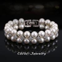 CWWZircons Handmade Wedding Pearl Jewelry Double Rows Cubic Zirconia Setting Big Bridal Bracelets Bangle for Women CB157