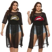 [COD] cross-border large size womens lip stickers sexy perspective mesh irregular long blouse 191232